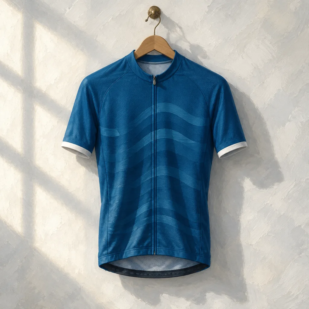 Jersey biru danau bermotif gelombang samar dengan manset putih, tergantung di gantungan kayu.