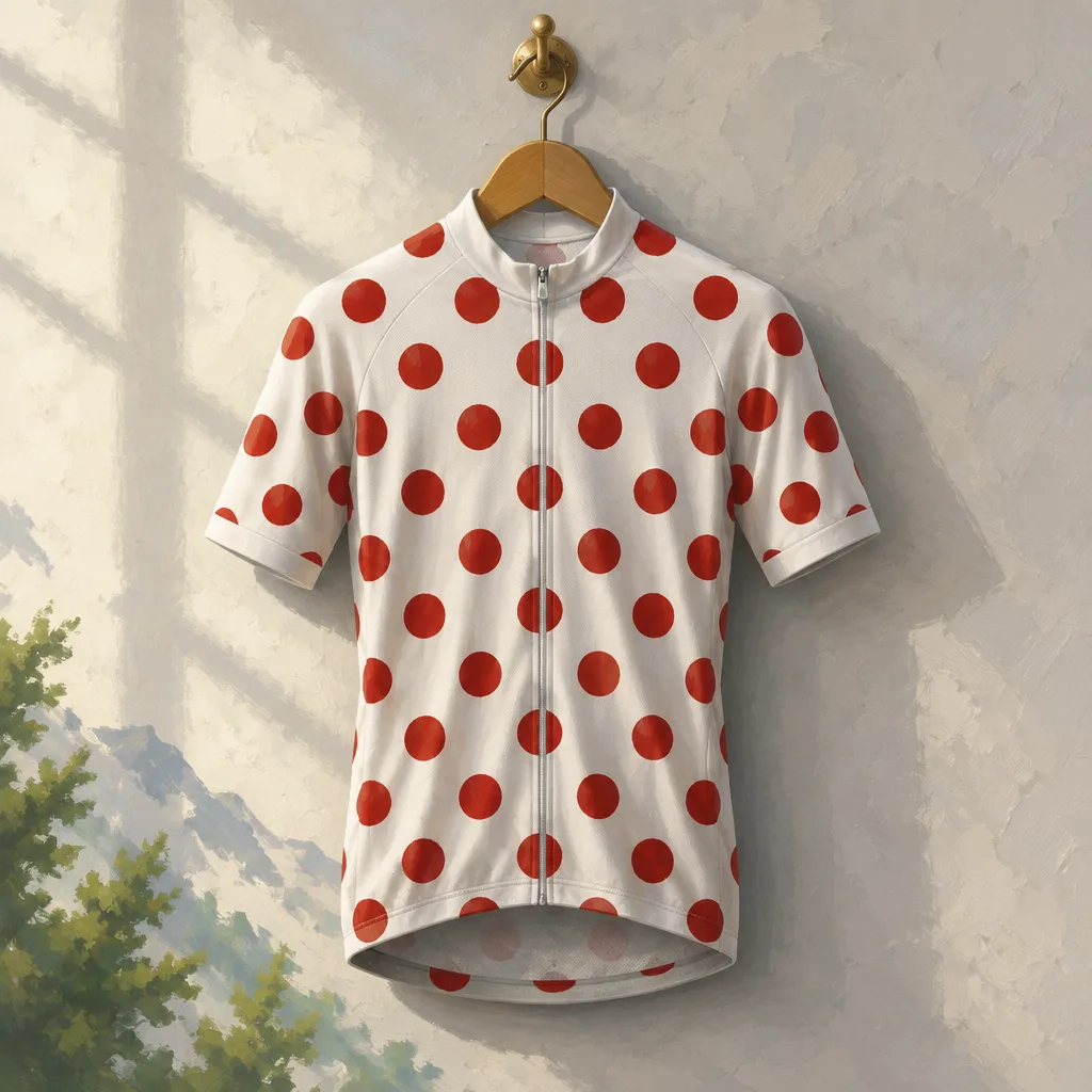 Jersey putih dengan polkadot merah besar, tergantung di gantungan kayu.