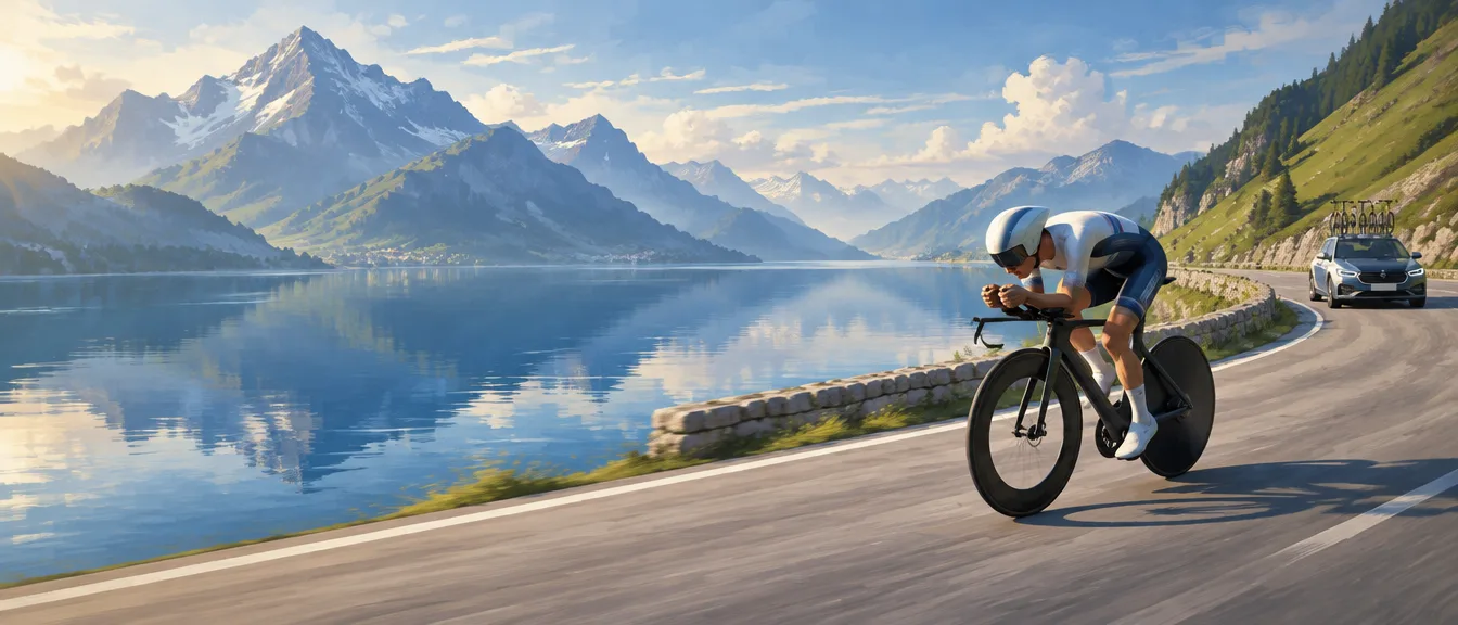 Pembalap time trial dengan helm aero dan roda cakram melaju sendirian di jalan tepi danau, mobil tim mengikuti di tikungan kanan, gunung bersalju terpantul di air.